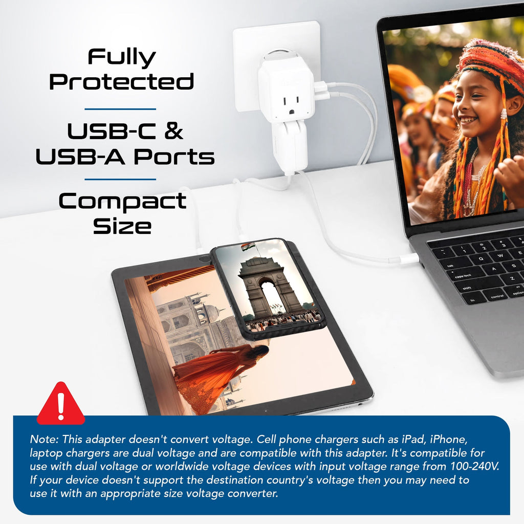 India, Nepal Travel Adapter Set | Type C, D - USB & USB-C Ports + 2 US Outlets (PAK-IN) Ceptics