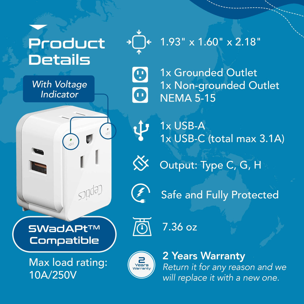 Israel, Jordan, Middle East Travel Adapter Set | Type C, G, H - USB & USB-C Ports + 2 US Outlets (PAK-ME) Ceptics