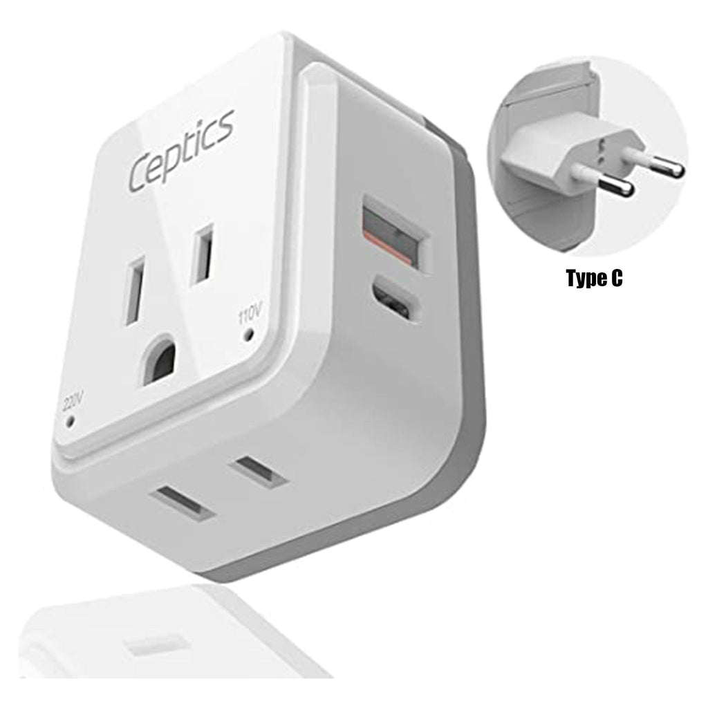European Travel Adapter | Type C - USB & USB-C Ports + 2 US Outlets (PAK-C) Ceptics