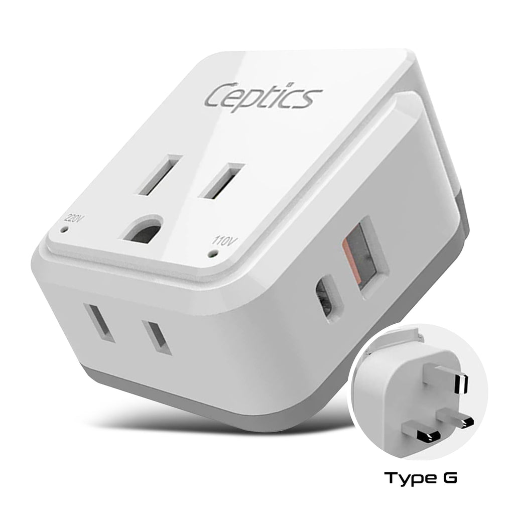 England, Hong Kong Travel Adapter | Type G - USB & USB-C Ports + 2 US Outlets (PAK-UK) Ceptics