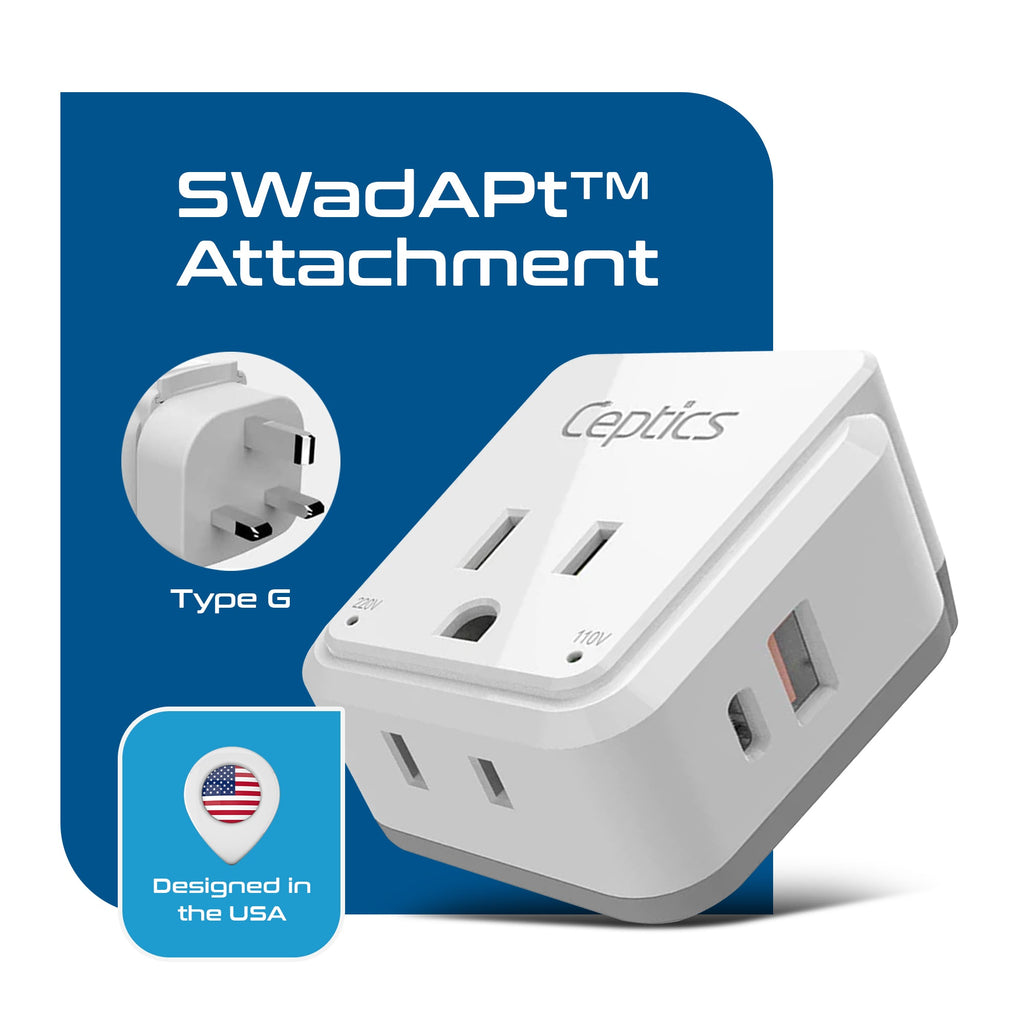 England, Hong Kong Travel Adapter | Type G - USB & USB-C Ports + 2 US Outlets (PAK-UK) Ceptics