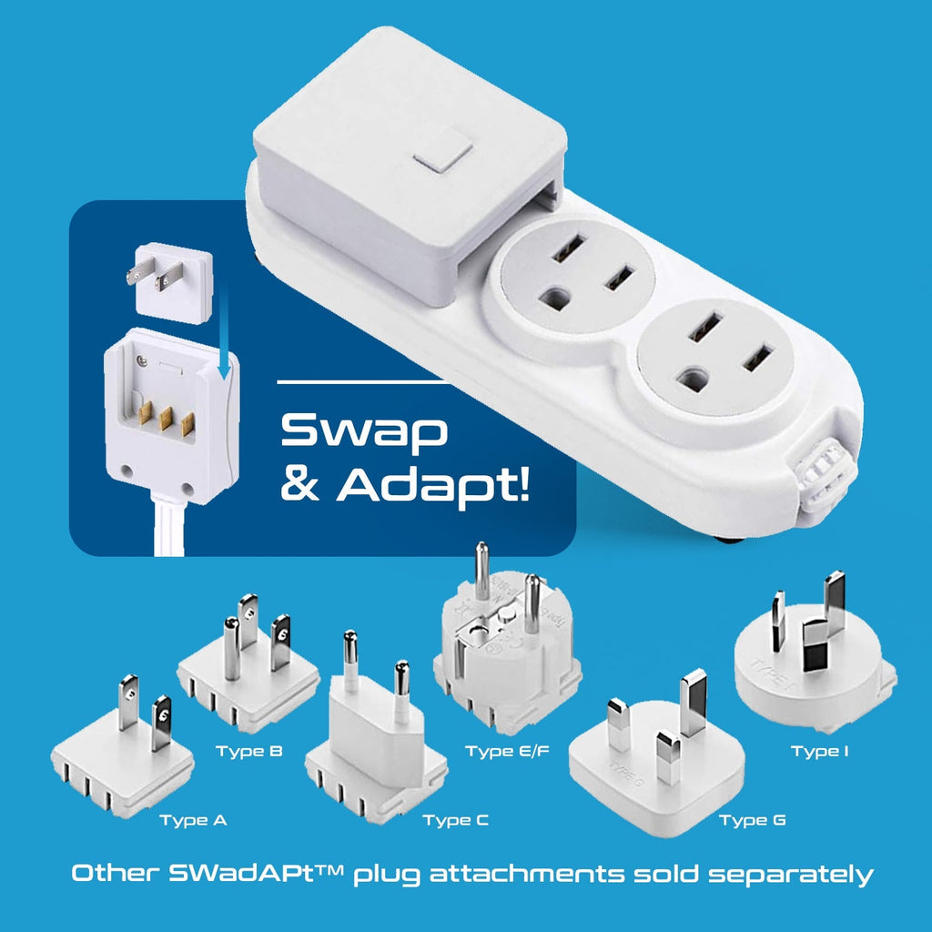 Compact Travel Power Strip - 2 US Outlets, USB & USB-C Ports - Grounded (PS-2U+) Ceptics