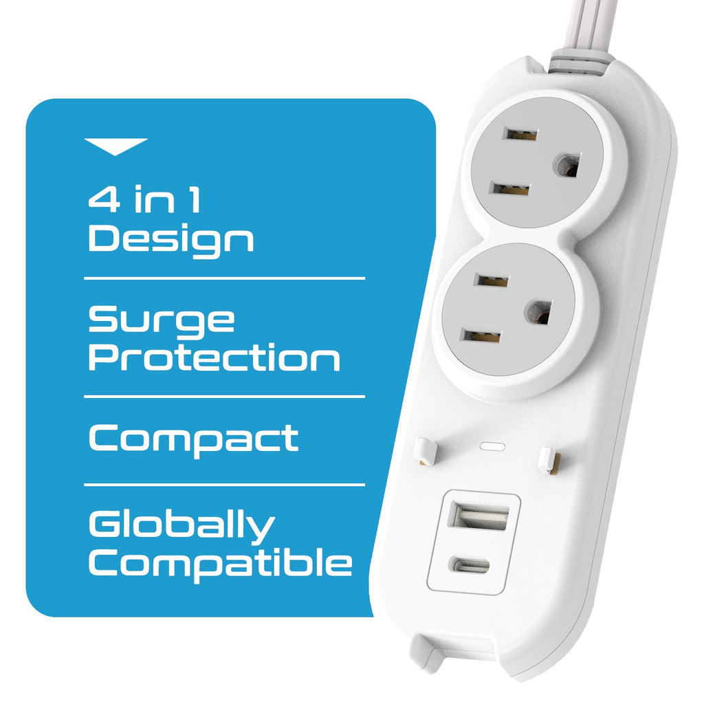 Compact Travel Power Strip - 2 US Outlets, USB & USB-C Ports - Grounded (PS-2U+) Ceptics
