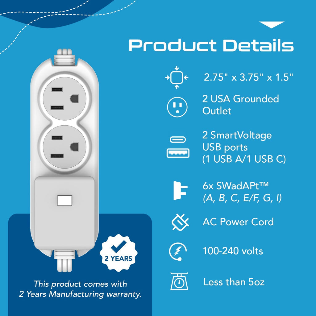 Compact Travel Power Strip - 2 US Outlets, USB & USB-C Ports - Grounded (PS-2U+) Ceptics