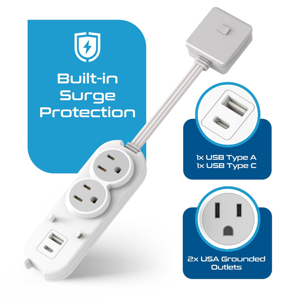 Compact Travel Power Strip - 2 US Outlets, USB & USB-C Ports - Grounded (PS-2U+) Ceptics