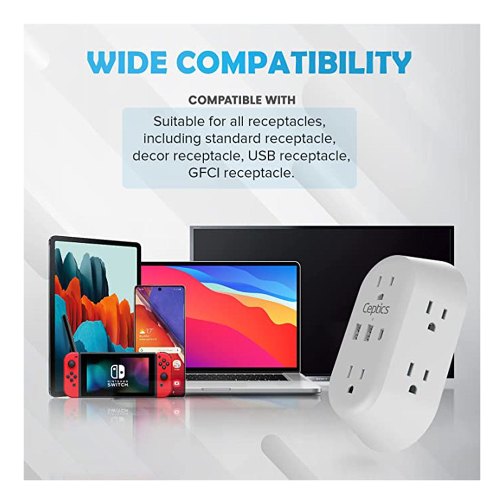 Wall Power Strip Charger by Ceptics - Small & Compact - Surge Protector 1800J - Grounded Dual USB - 6 USA Outlets Input (PS-6B-3U) Ceptics