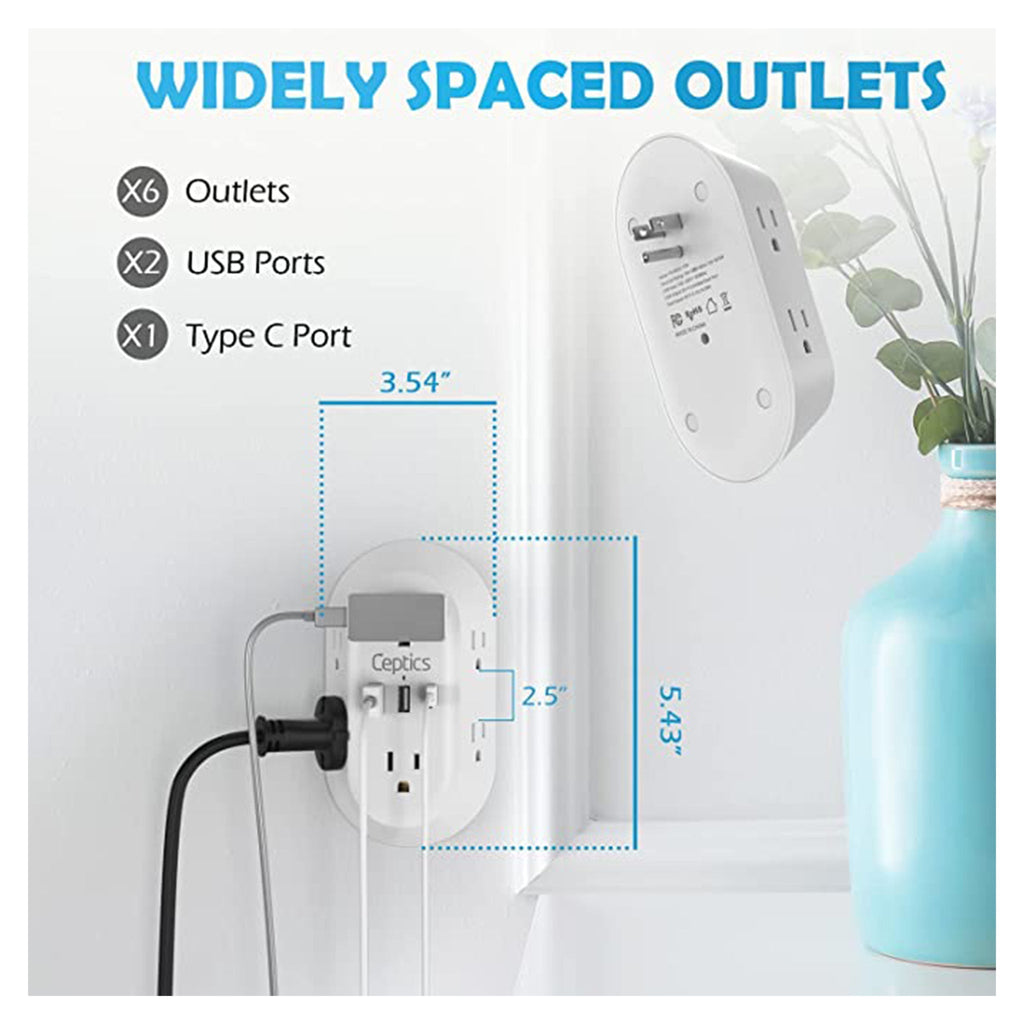 Wall Power Strip Charger by Ceptics - Small & Compact - Surge Protector 1800J - Grounded Dual USB - 6 USA Outlets Input (PS-6B-3U) Ceptics