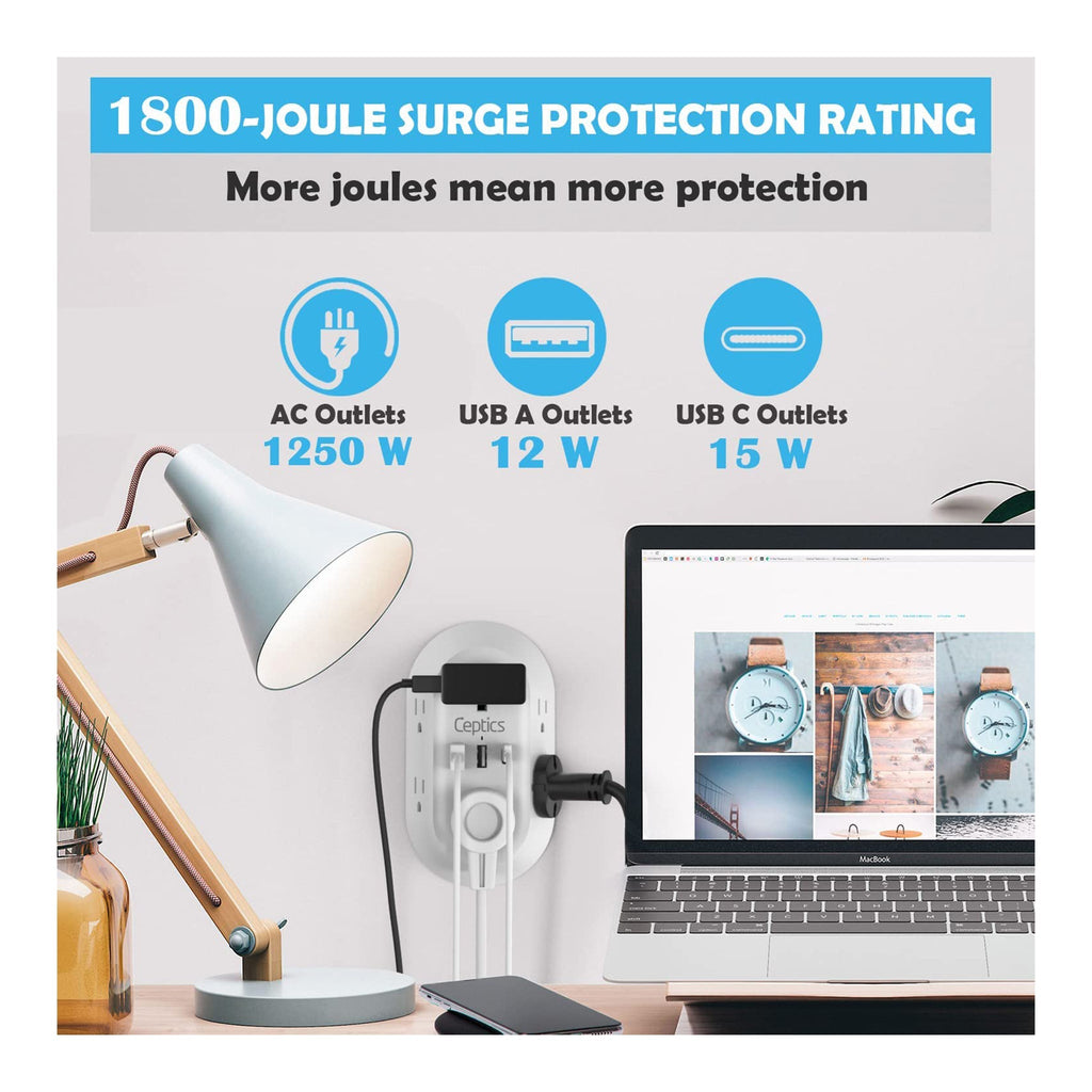 Wall Power Strip Charger by Ceptics - Small & Compact - Surge Protector 1800J - Grounded Dual USB - 6 USA Outlets Input (PS-6B-3U) Ceptics