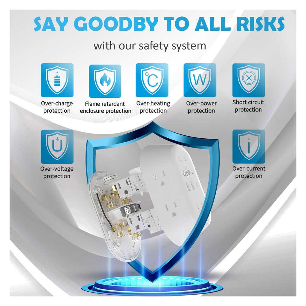 Wall Power Strip Charger by Ceptics - Small & Compact - Surge Protector 1800J - Grounded Dual USB - 6 USA Outlets Input (PS-6B-3U) Ceptics