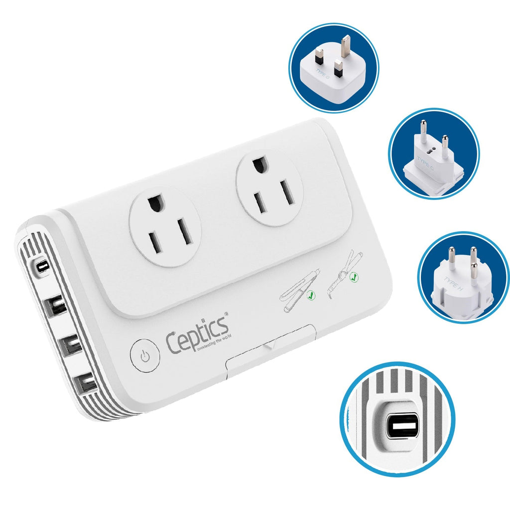 200W Step Down Converter – 2x outlets & 3 USB-A + 1 USB-C – AC 220-240V to 110V-120V Travel Voltage Converter - (PU-200X) Ceptics