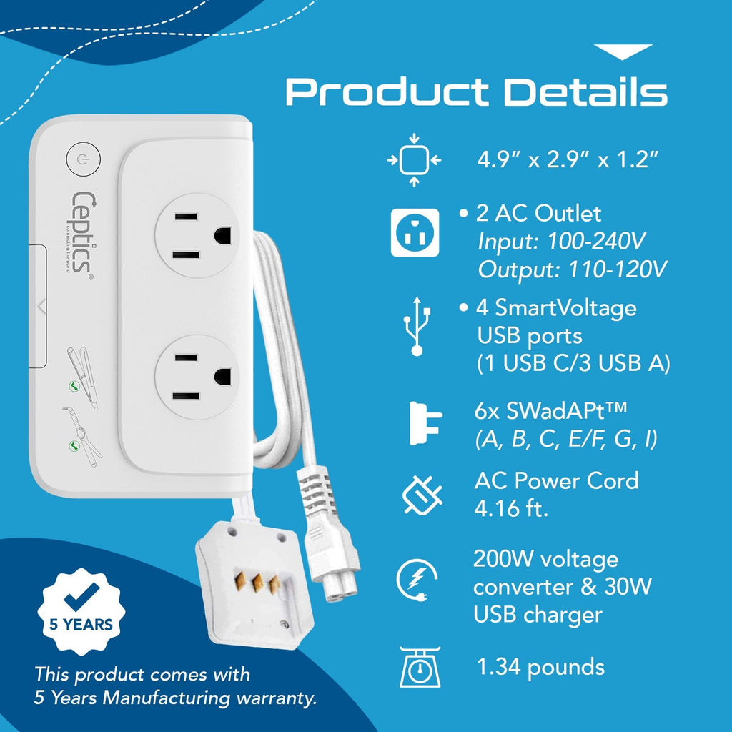 200W Step Down Converter – 2x outlets & 3 USB-A + 1 USB-C – AC 220-240V to 110V-120V Travel Voltage Converter - (PU-200X) Ceptics