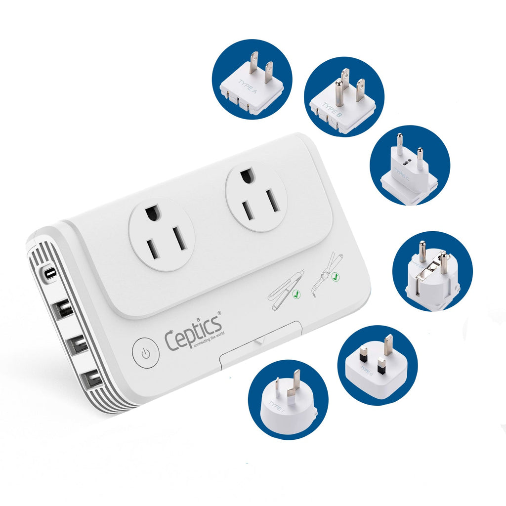 200W Step Down Converter – 2x outlets & 3 USB-A + 1 USB-C – AC 220-240V to 110V-120V Travel Voltage Converter - (PU-200X) Ceptics