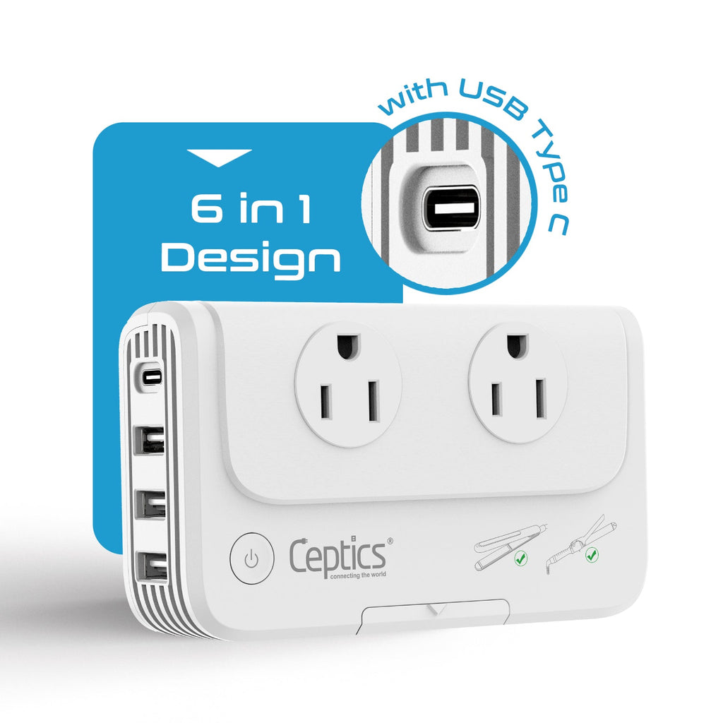 200W Step Down Converter – 2x outlets & 3 USB-A + 1 USB-C – AC 220-240V to 110V-120V Travel Voltage Converter - (PU-200X) Ceptics