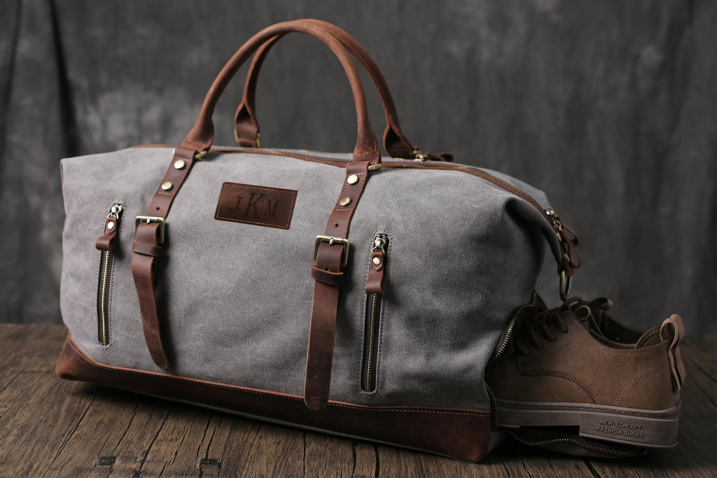 Personalized Canvas Duffel Bag, Waterproof Canvas Leather Weekend bag with Shoes Compartment for Men Women RockCow Leather Studio