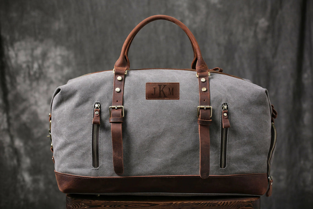 Personalized Canvas Duffel Bag, Waterproof Canvas Leather Weekend bag with Shoes Compartment for Men Women RockCow Leather Studio