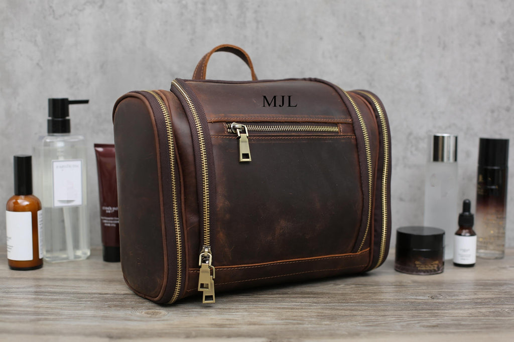 Personalized Hanging Leather Toiletry Bag, Leather Dopp Kit Bag, Groomsmen Gift RockCow Leather Studio