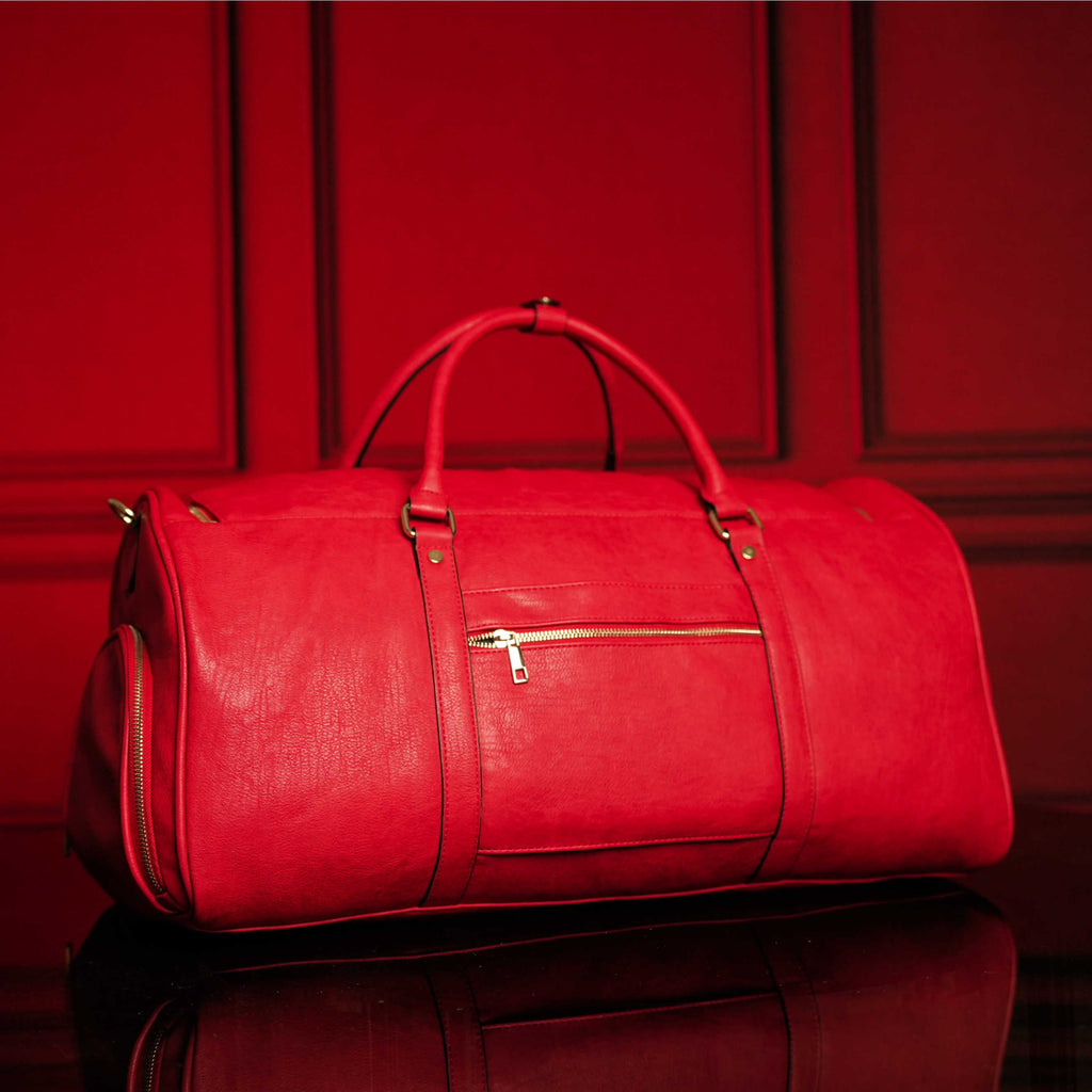 Red Tumbled Leather Weekender Duffle Bag Sole Premise