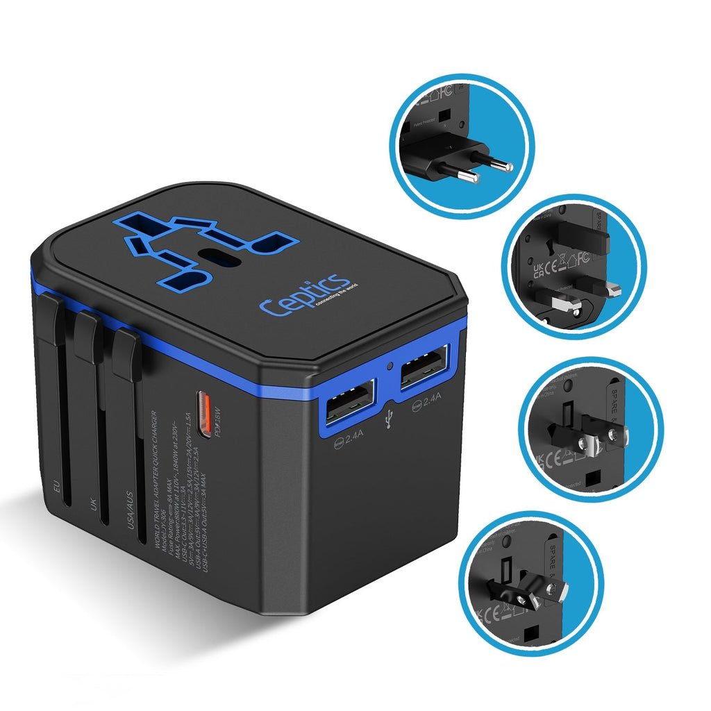 All-In-One International Travel Plug Adapter - USB C (PD-QC) - 2 USB Ports (UP-10KU) Ceptics