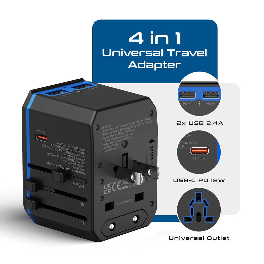 All-In-One International Travel Plug Adapter - USB C (PD-QC) - 2 USB Ports (UP-10KU) Ceptics