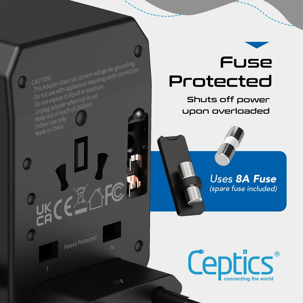 All-In-One International Travel Plug Adapter - USB C (PD-QC) - 2 USB Ports (UP-10KU) Ceptics