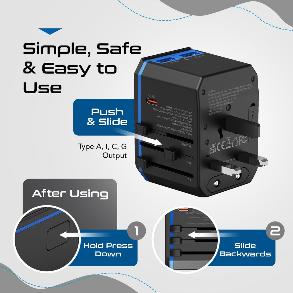 All-In-One International Travel Plug Adapter - USB C (PD-QC) - 2 USB Ports (UP-10KU) Ceptics