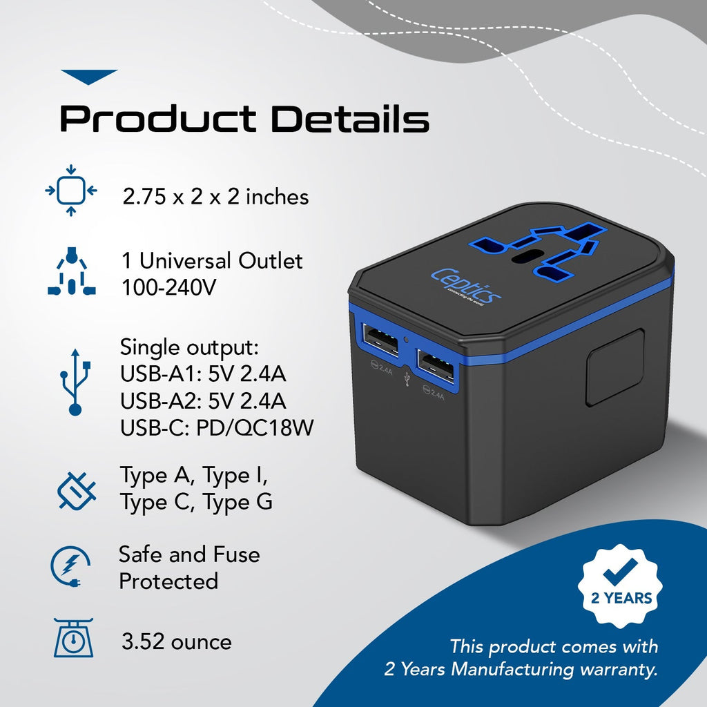 All-In-One International Travel Plug Adapter - USB C (PD-QC) - 2 USB Ports (UP-10KU) Ceptics