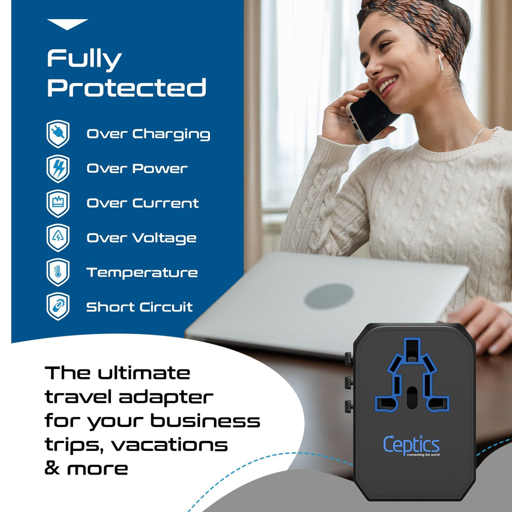 All-In-One International Travel Plug Adapter - USB C (PD-QC) - 2 USB Ports (UP-10KU) Ceptics
