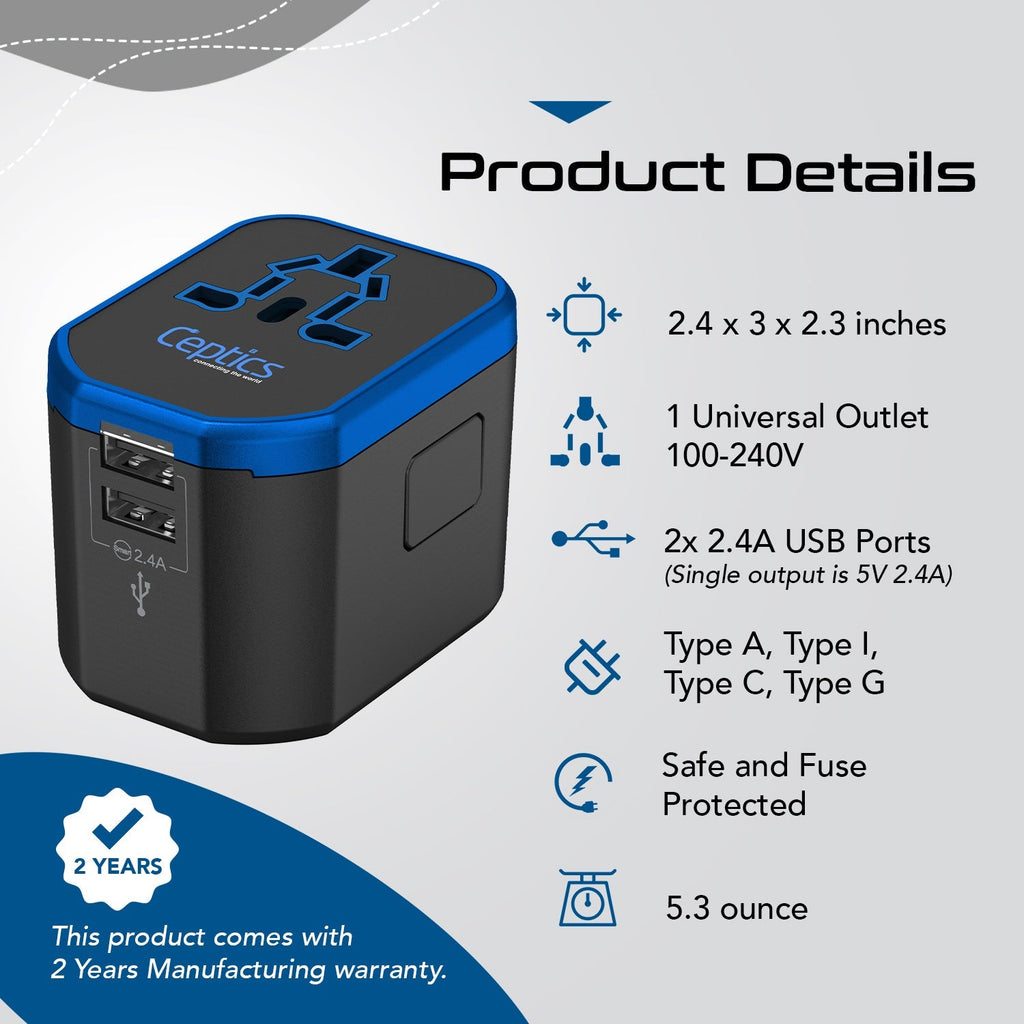 All-In-One International Travel Plug Adapter - 2 USB Ports (UP-8KU) Ceptics