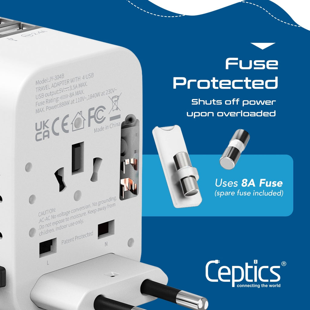 All-In-One International Travel Plug Adapter - 4 USB Ports (UP-9KU) Ceptics