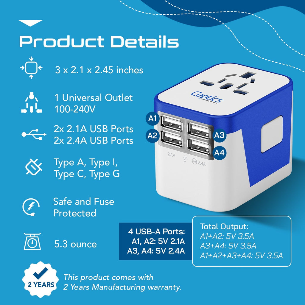 All-In-One International Travel Plug Adapter - 4 USB Ports (UP-9KU) Ceptics