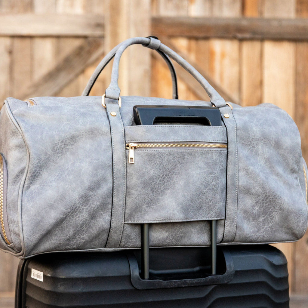 Grey Tumbled Leather Weekender Duffle Bag Sole Premise