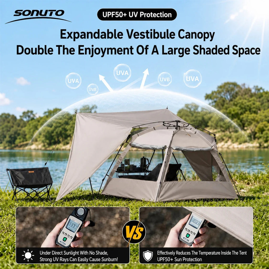 Sonuto Outdoor 3-4P One-Touch Camping Tent Quick Automatic Opening Beach Fishing Tent Family Travel Picnic Park Anti-UV Shade Social Buzz eSIMs