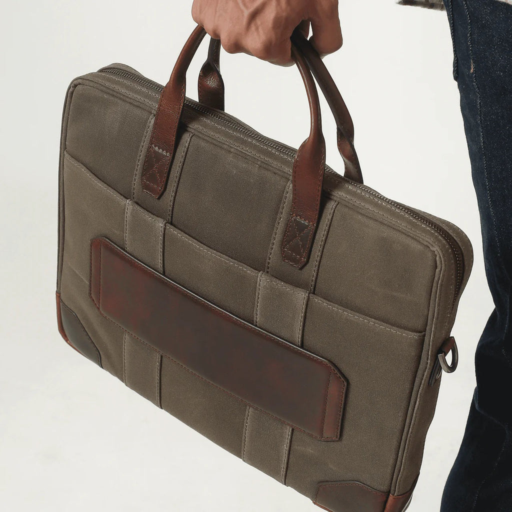 Sloan Waxed Canvas and Pull-up Leather Slim Laptop Briefcase Boconi