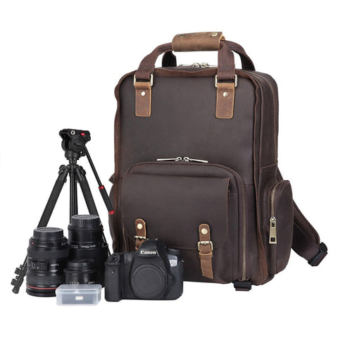 The Gaetano | Large Leather Backpack Camera Bag with Tripod Holder STEEL HORSE LEATHER