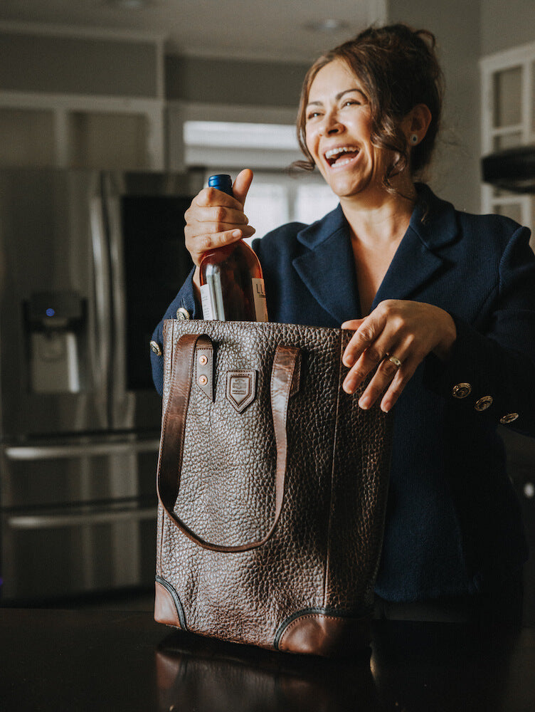 Theodore Leather Two Bottle Wine Tote Carrier Mission Mercantile Leather Goods