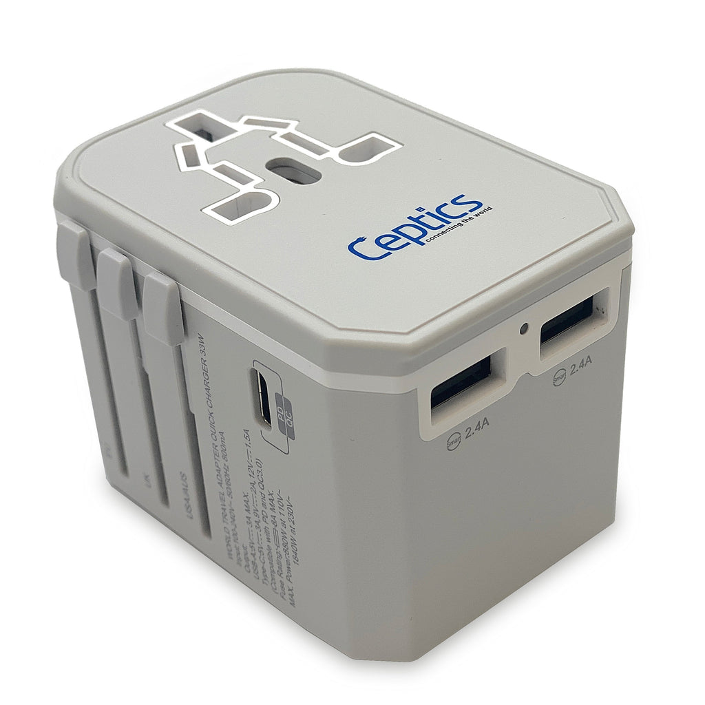 All-In-One International Travel Plug Adapter - USB C (PD-QC) - 2 USB Ports (UP-10KU) Ceptics
