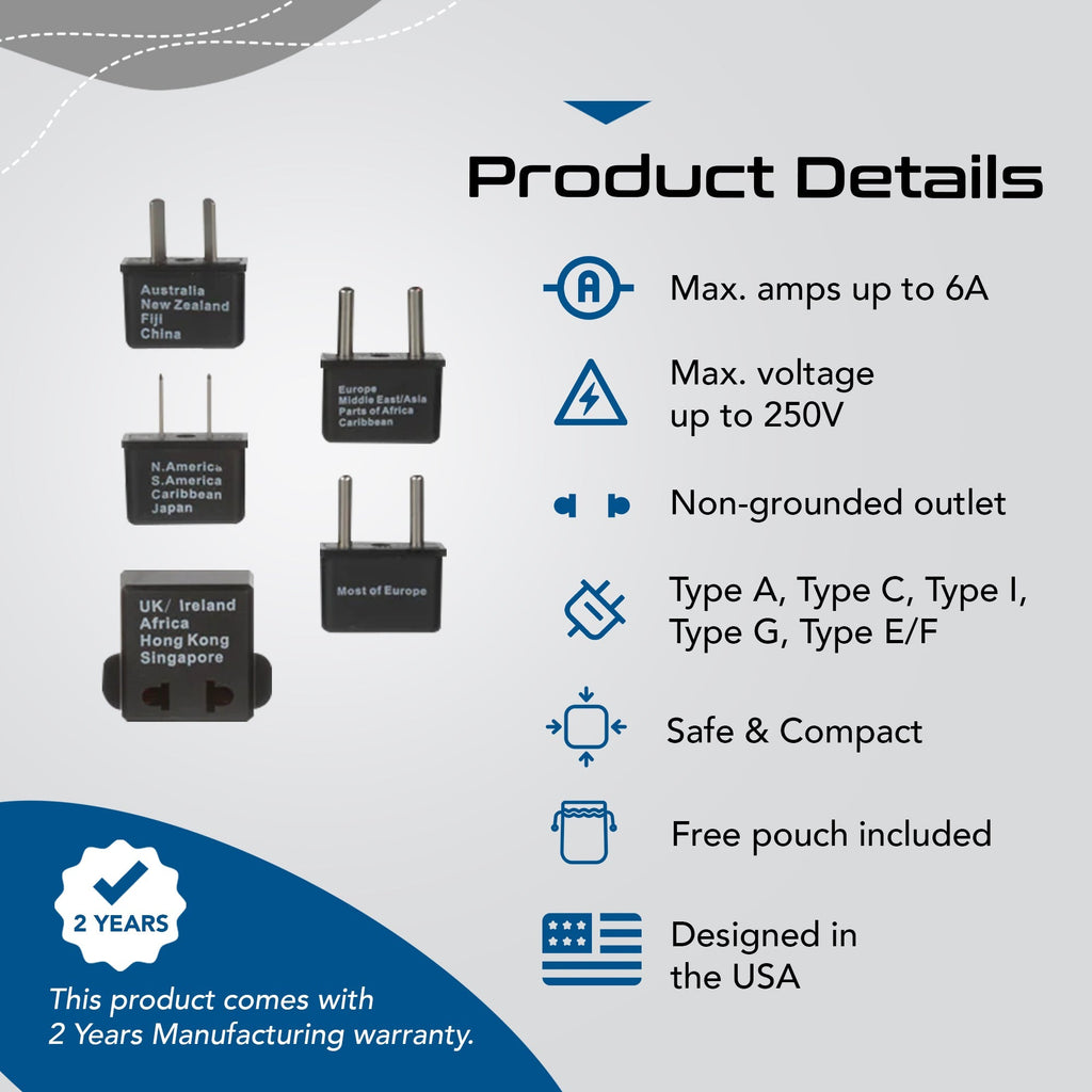 International Travel Adapter Plug Set - 5 pcs Set with Pouch (UP-5S) - Non-Grounded Ceptics