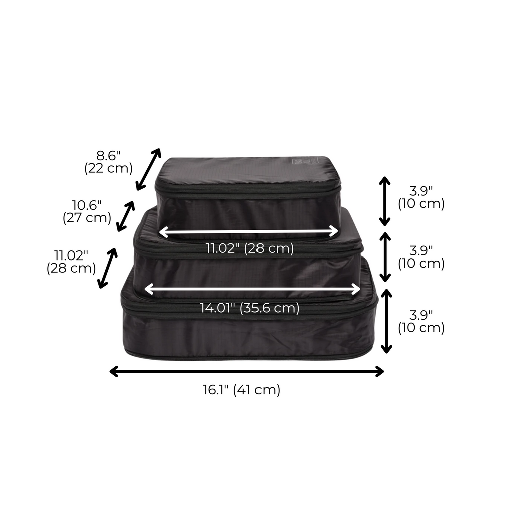 Re-cycled and Reinforced Nylon Compression Packing Cubes, 3-pack Black Bag-all
