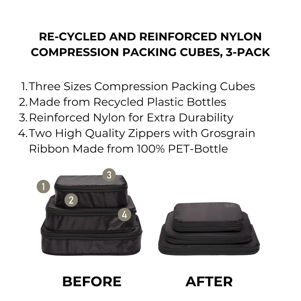 Re-cycled and Reinforced Nylon Compression Packing Cubes, 3-pack Black Bag-all