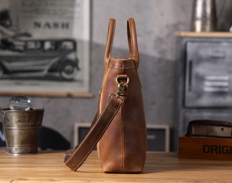 Vintage Leather Briefcase Full Grain Leather Messenger Bag Men Leather Shoulder Bag Leather Laptop Bag Business Handbag RockCow Leather Studio