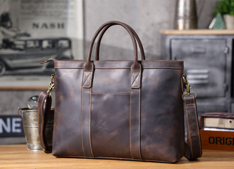 Vintage Leather Briefcase Full Grain Leather Messenger Bag Men Leather Shoulder Bag Leather Laptop Bag Business Handbag RockCow Leather Studio