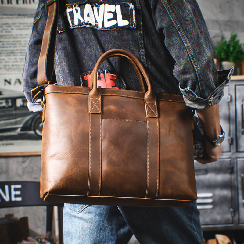 Vintage Leather Briefcase Full Grain Leather Messenger Bag Men Leather Shoulder Bag Leather Laptop Bag Business Handbag RockCow Leather Studio