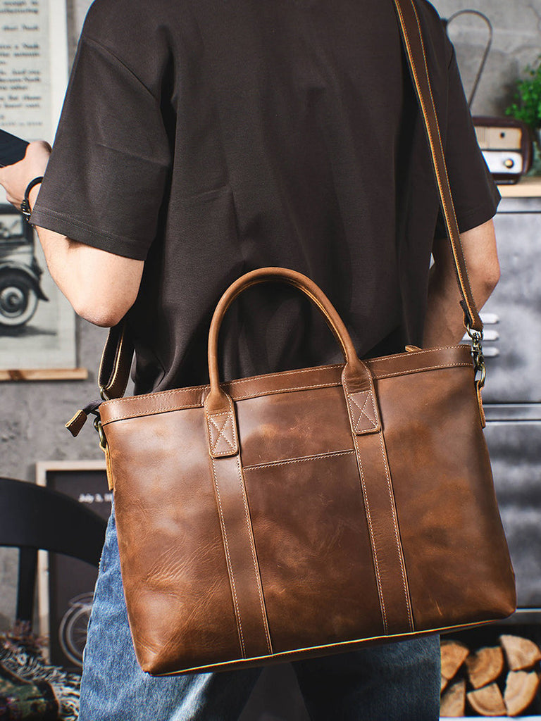 Vintage Leather Briefcase Full Grain Leather Messenger Bag Men Leather Shoulder Bag Leather Laptop Bag Business Handbag RockCow Leather Studio
