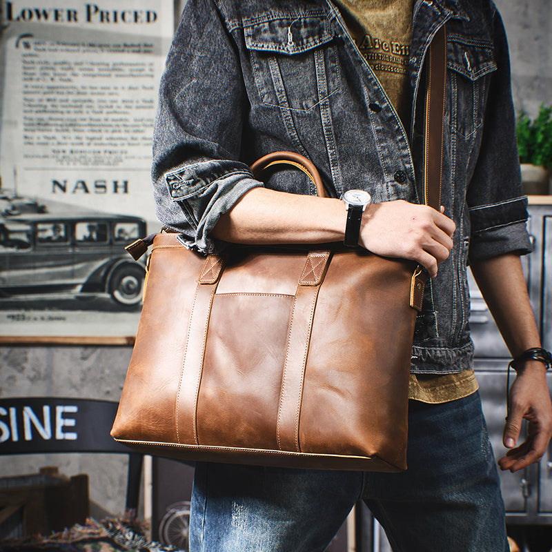 Vintage Leather Briefcase Full Grain Leather Messenger Bag Men Leather Shoulder Bag Leather Laptop Bag Business Handbag RockCow Leather Studio