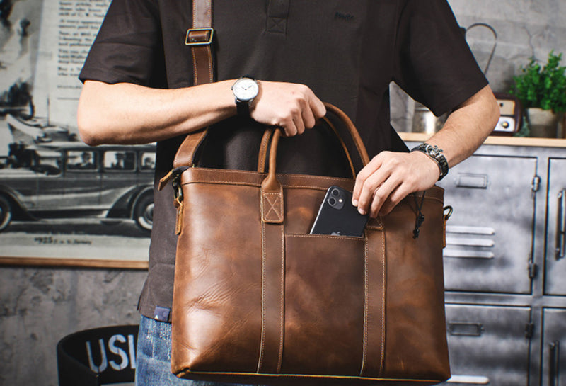 Vintage Leather Briefcase Full Grain Leather Messenger Bag Men Leather Shoulder Bag Leather Laptop Bag Business Handbag RockCow Leather Studio