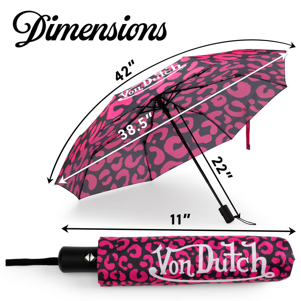 Hot Pink Cheetah Compact Automatic Umbrella, Strong & Portable Travellty