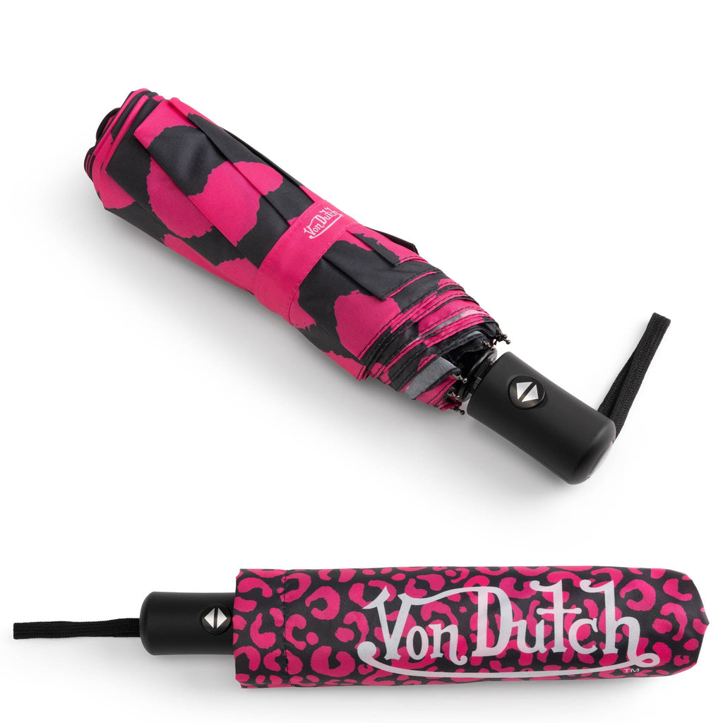 Hot Pink Cheetah Compact Automatic Umbrella, Strong & Portable Travellty
