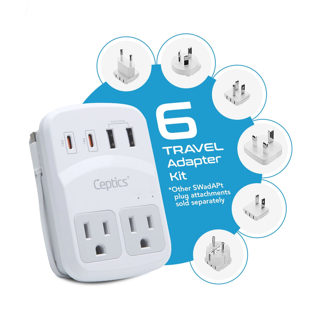 World-Way 6 Travel Adapter Kit | 2 USB-A + 2USB-C + 2 US Outlets - Grounded (WPS-5B) Ceptics