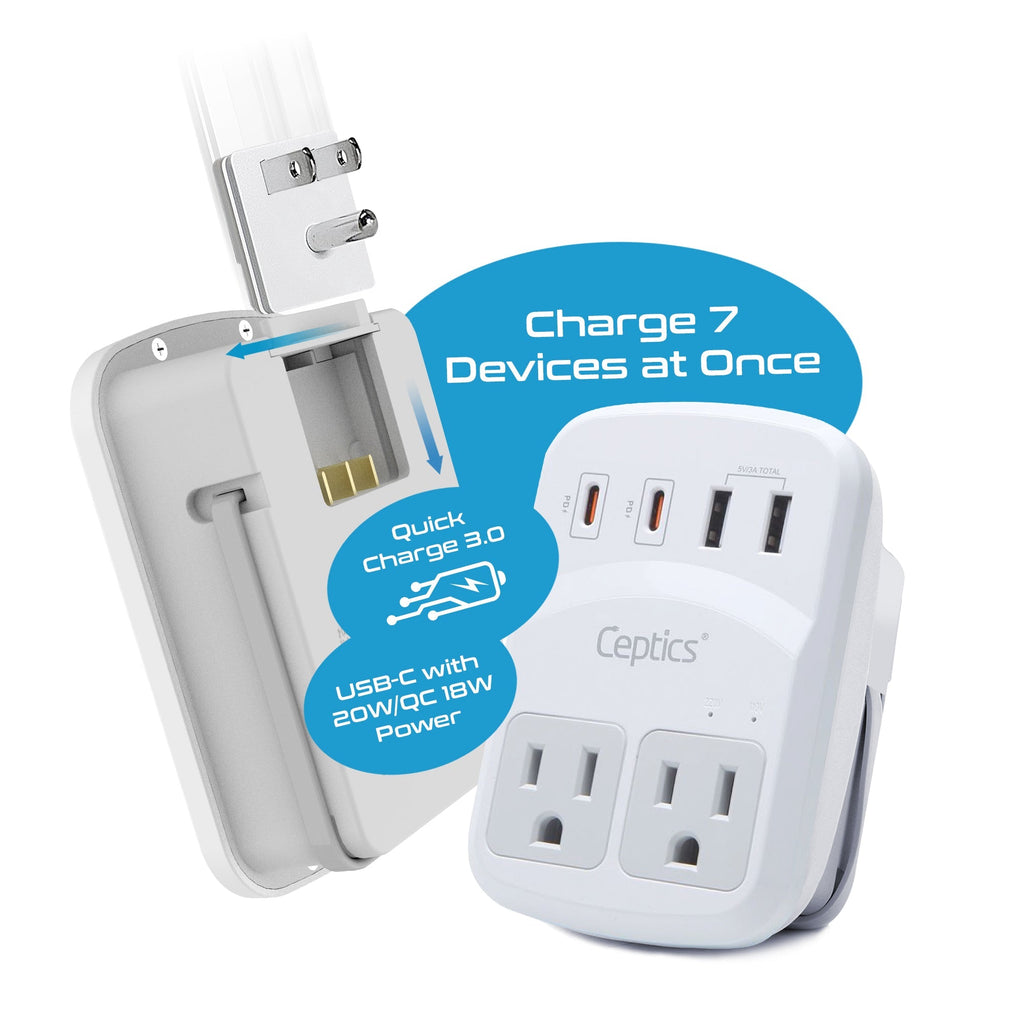 World-Way 6 Travel Adapter Kit | 2 USB-A + 2USB-C + 2 US Outlets - Grounded (WPS-5B) Ceptics