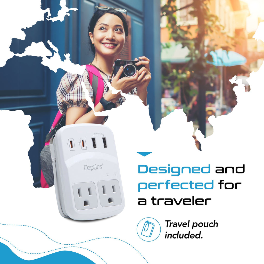 World-Way 6 Travel Adapter Kit | 2 USB-A + 2USB-C + 2 US Outlets - Grounded (WPS-5B) Ceptics